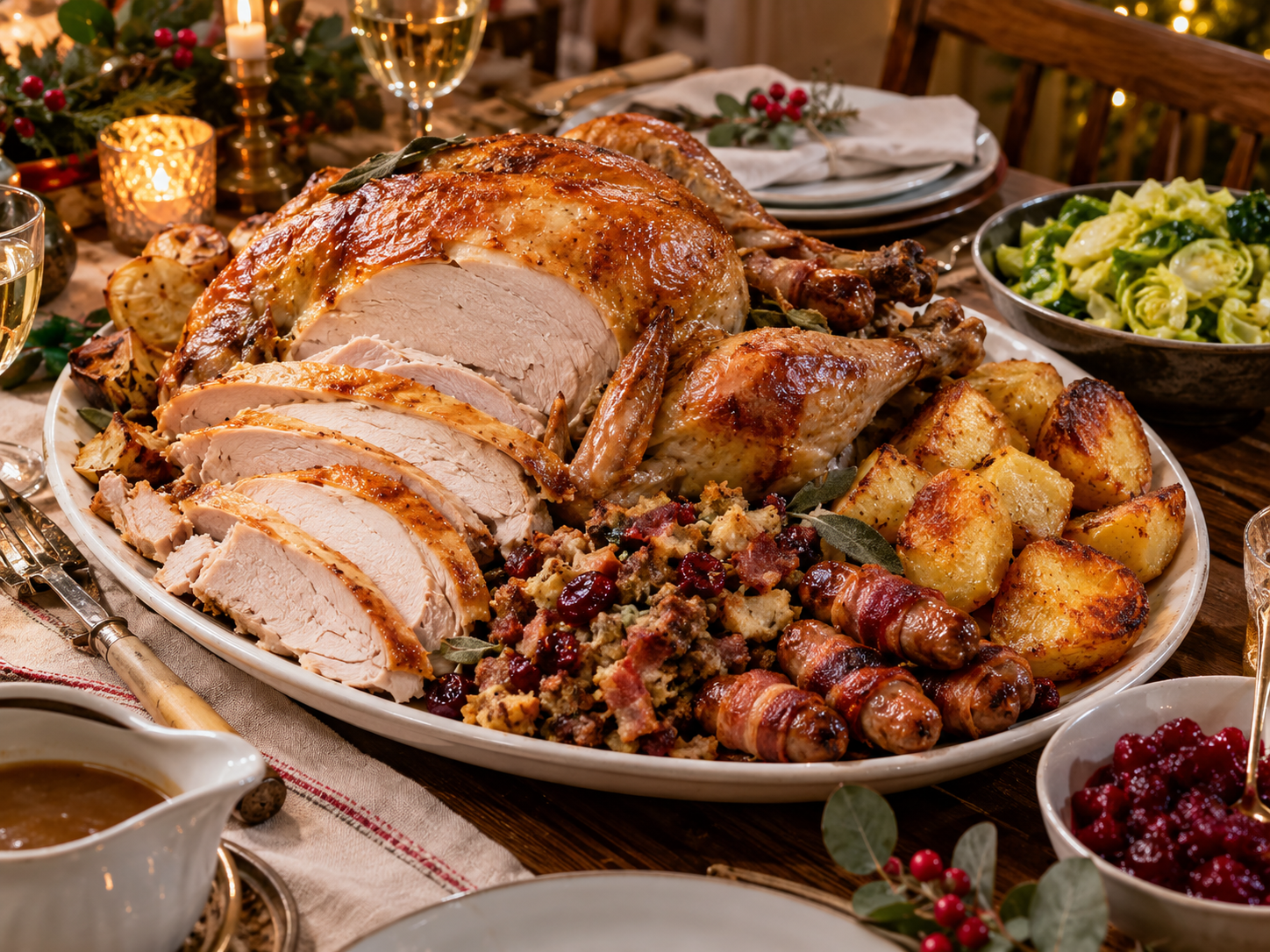 Traditional White Turkey with Orange & Sage Butter and Cranberry-Bacon Stuffing