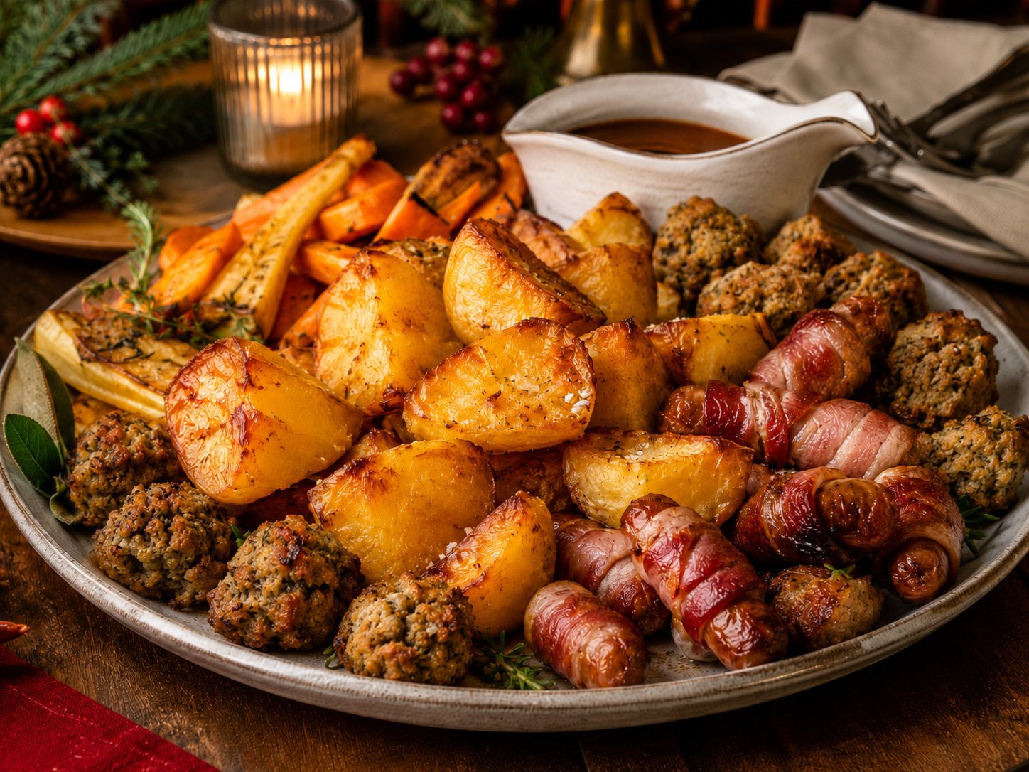 Christmas Goose-Fat Roast Potatoes with Festive Trimmings
