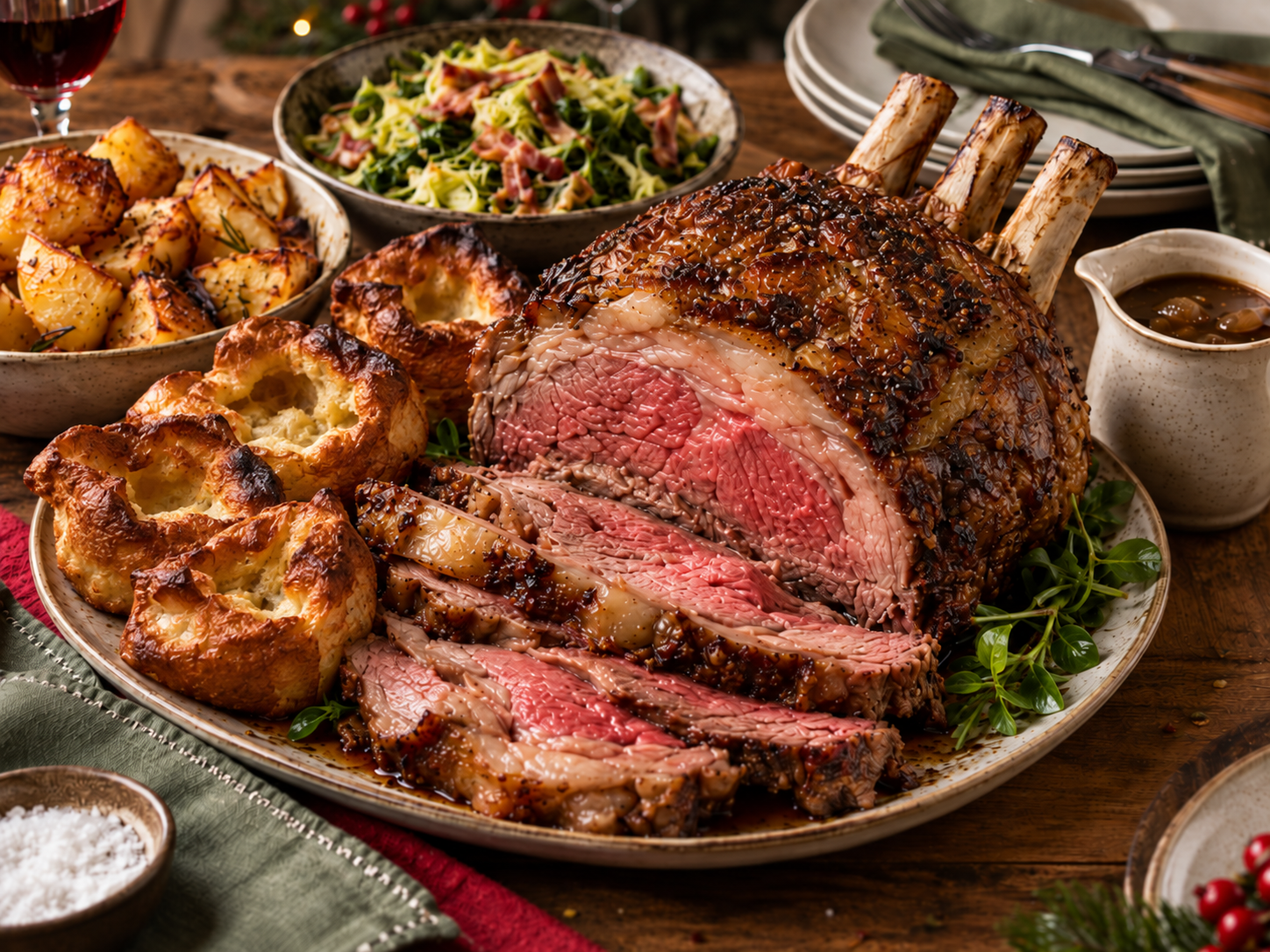 Christmas Rib of Beef with Rosemary Butter, Yorkshire Puddings & Shallot Gravy