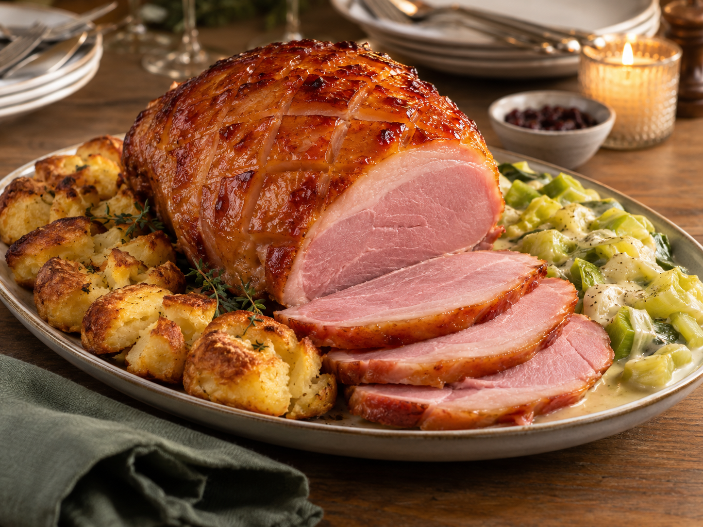 Marmalade & Ginger-Glazed Christmas Gammon with Mustard Leeks