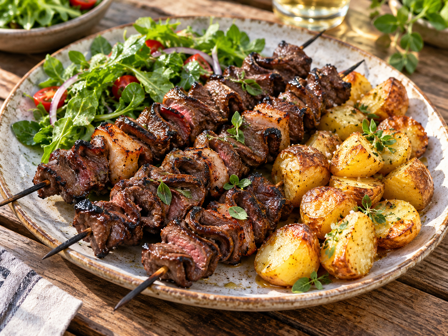 Grilled Ox Heart Skewers with Paprika, Oregano & Goose-Fat Potatoes