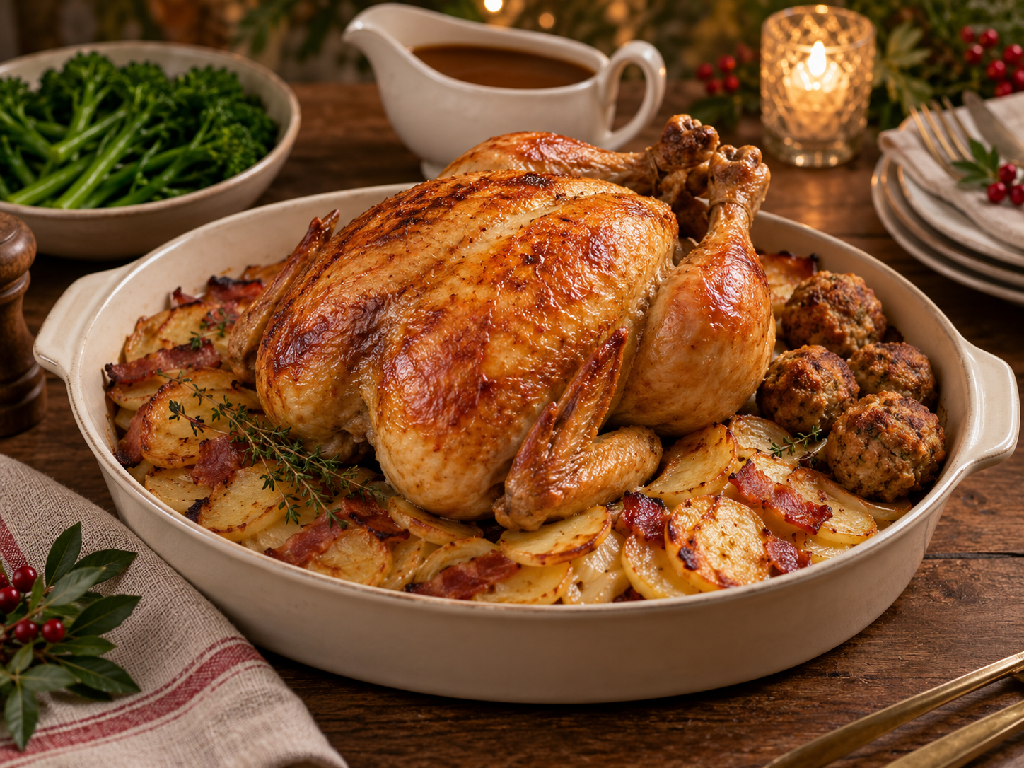 Christmas Roast Chicken with Bacon & Thyme Potato Bake