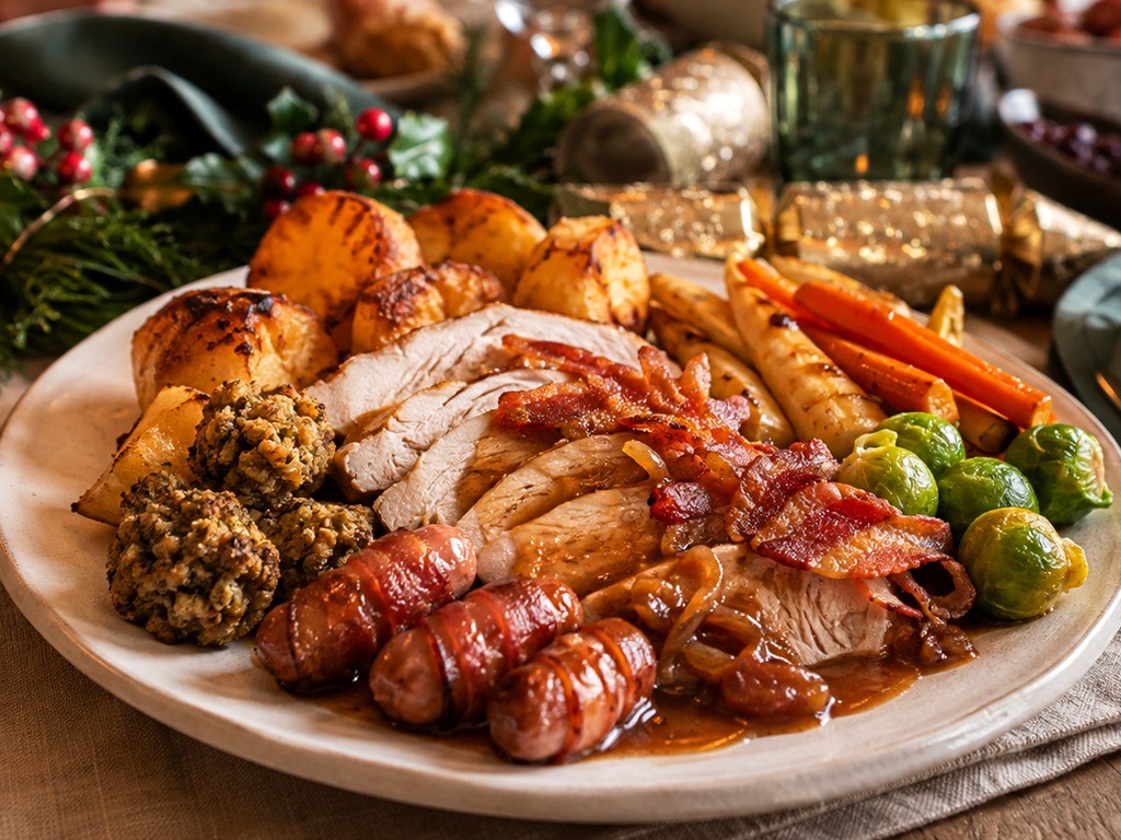Christmas Boneless Turkey Crown with Bacon Lattice & Goose-Fat Roasties