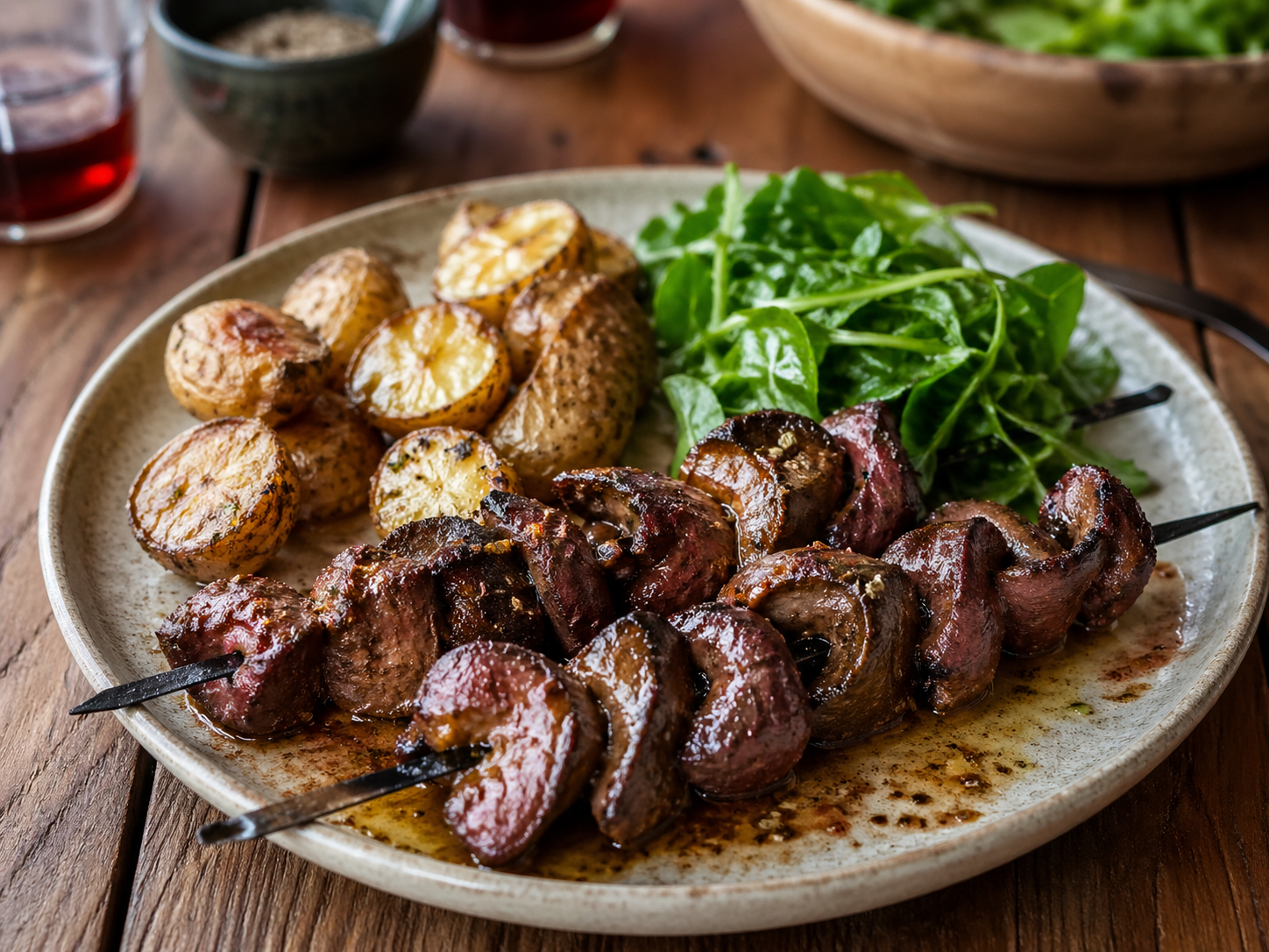 Grilled Ox Heart Skewers with Paprika, Oregano & Goose-Fat Potatoes