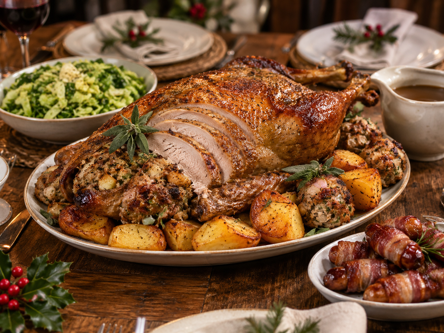 Christmas Roast Goose with Apple & Sage Stuffing, Roast Potatoes & Cider Gravy