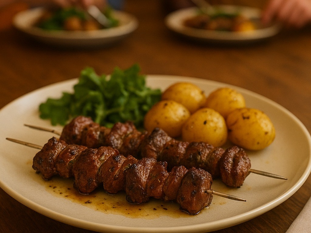 Grilled Ox Heart Skewers with Paprika, Oregano & Goose-Fat Potatoes