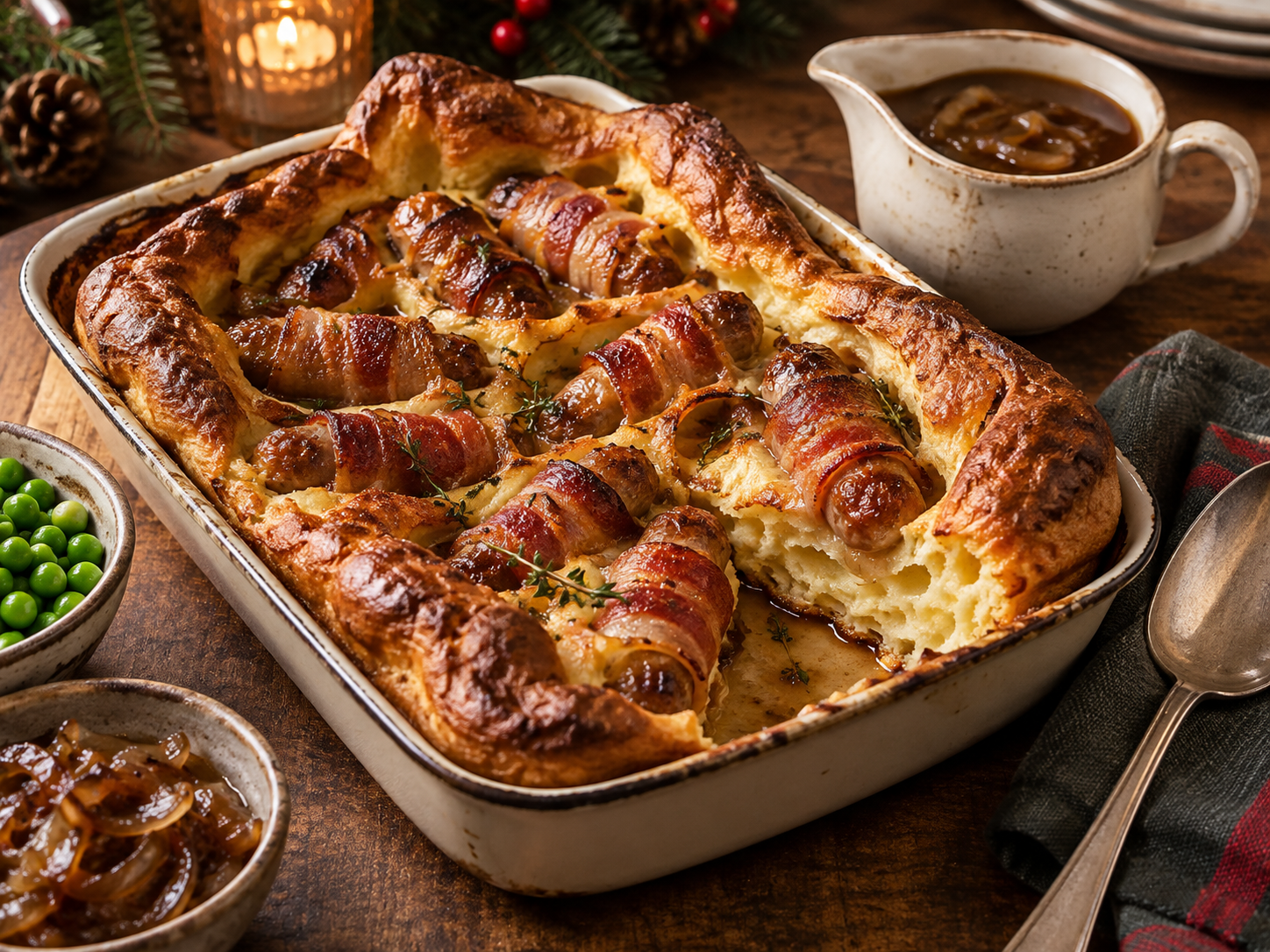 Christmas Pigs in Blankets Toad in the Hole with Onion Gravy