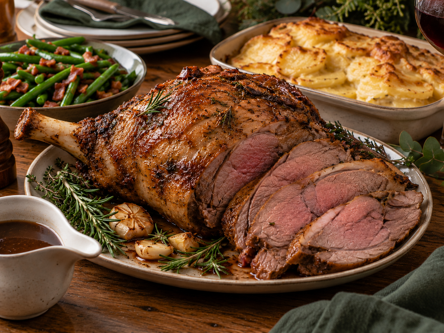 Christmas Leg of Lamb with Garlic Potato Gratin, Pancetta Beans & Red-Wine Gravy
