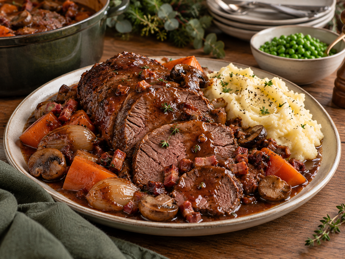 Christmas Pot-Roast Topside of Beef with Red Wine, Pancetta & Garlic Mash