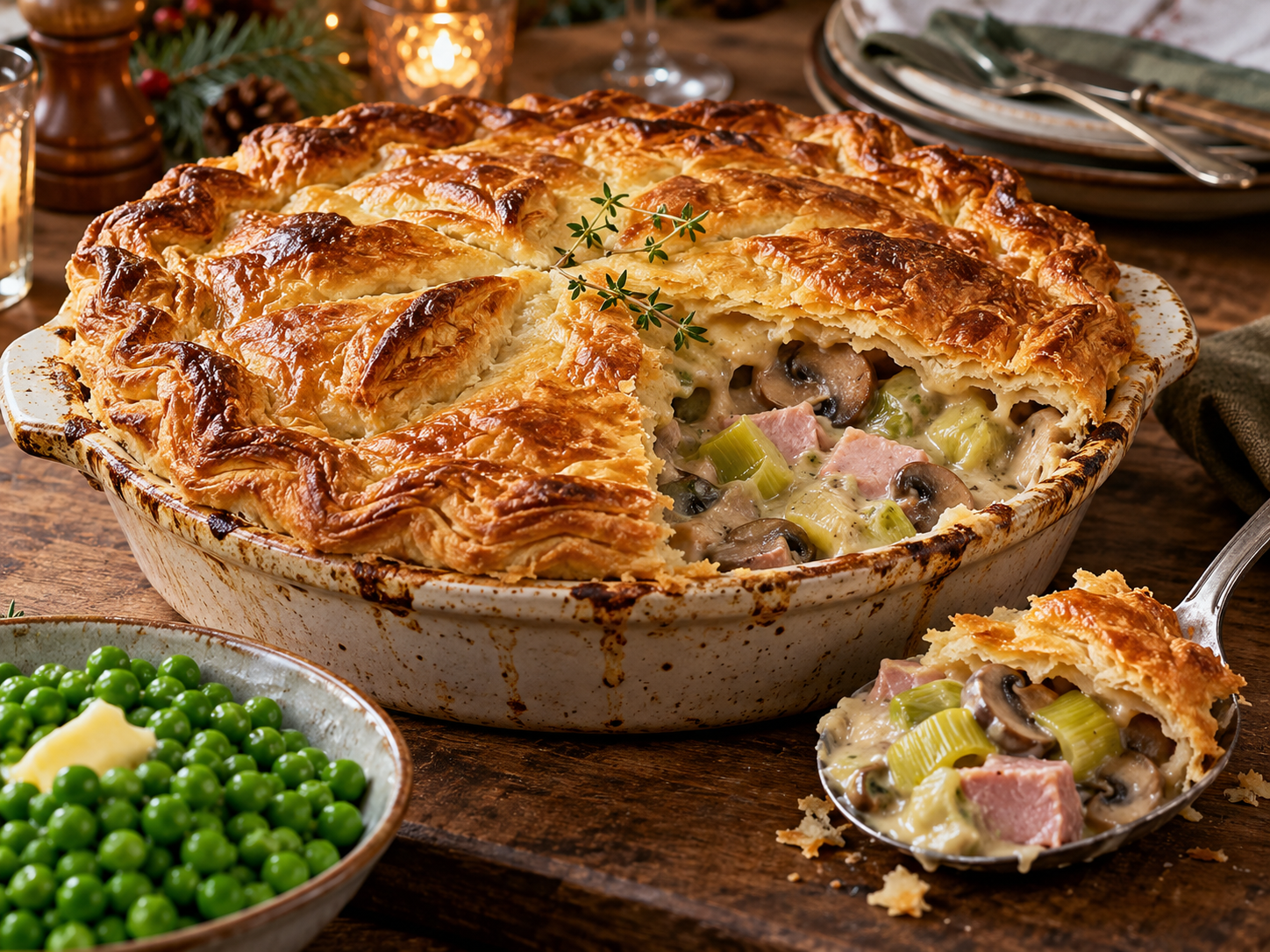 Creamy Ham, Leek & Mushroom Pie with Golden Puff Pastry