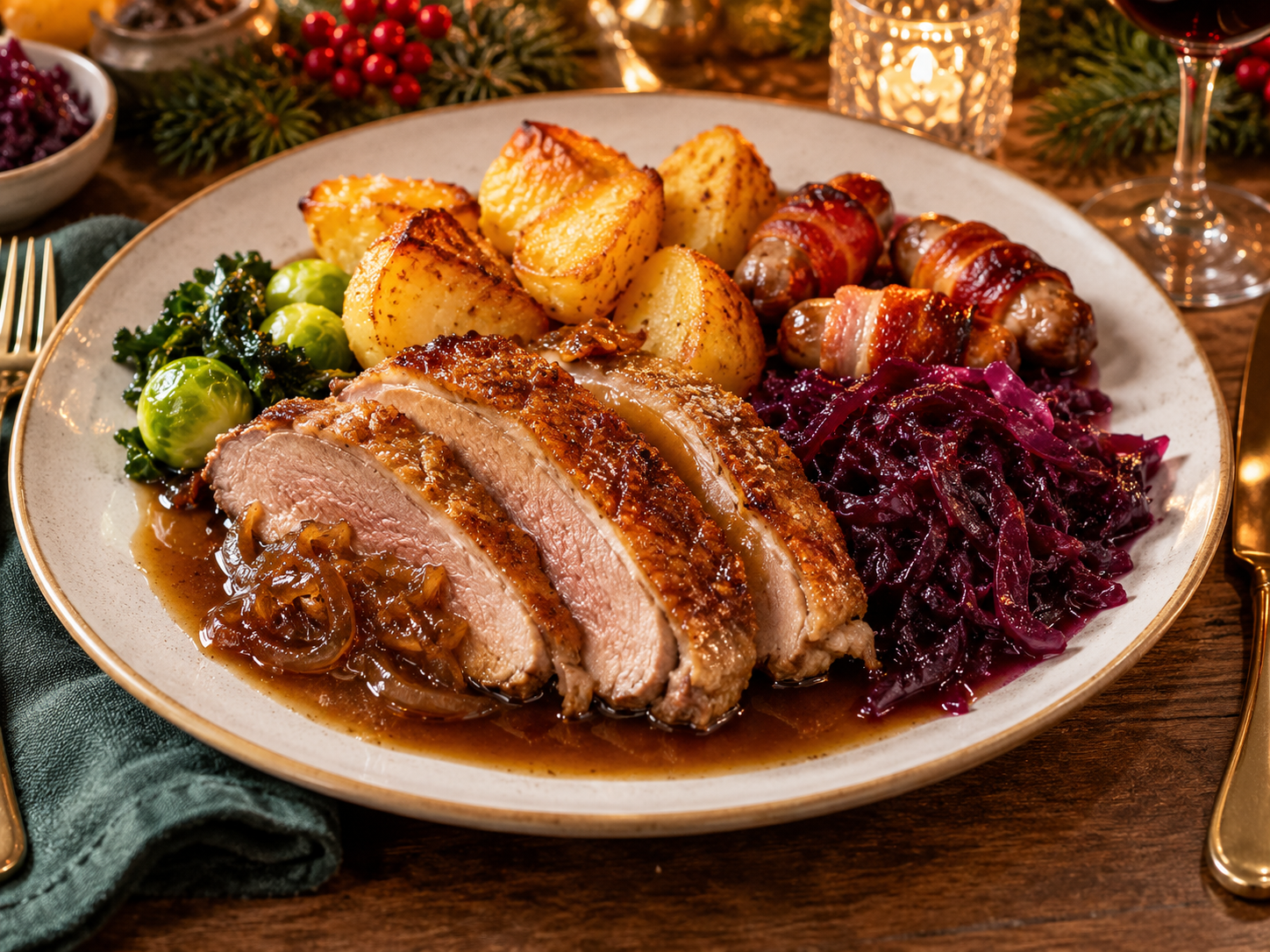 Boneless Goose Breast with Goose-Fat Potatoes & Braised Red Cabbage