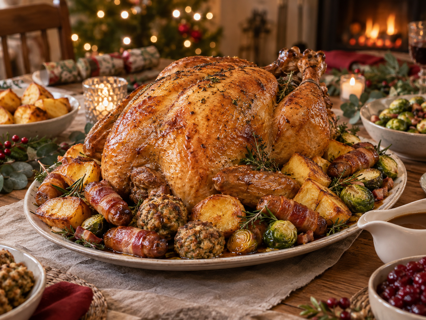 Christmas Roast Capon with Garlic Butter, Pancetta Sprouts & Goose-Fat Roasties