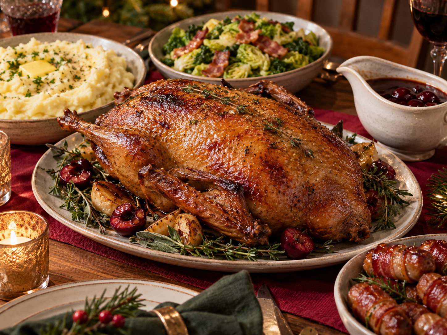 Christmas Roast Duck with Spiced Cherry Gravy, Garlic Mash & Bacon Cabbage